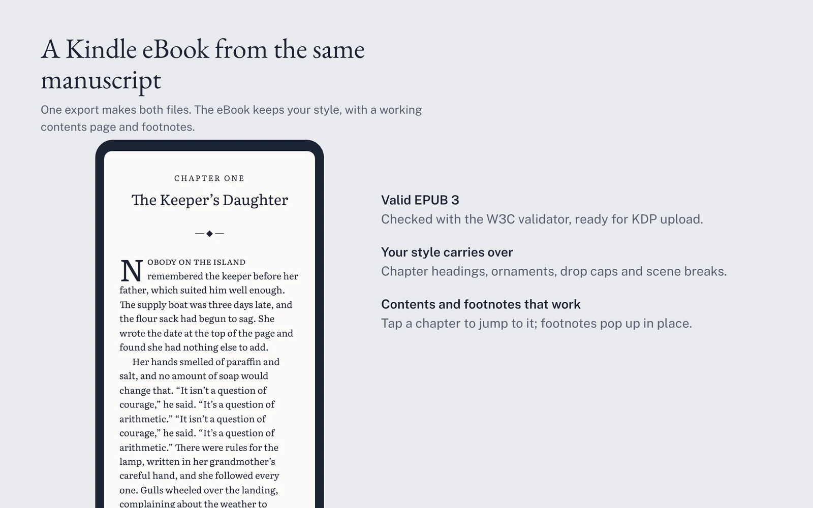 The same chapter as a Kindle eBook on a phone-sized reader, with its heading, ornament and drop cap.